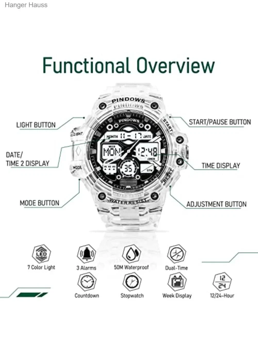 Digital Sport Watch LED Backlight 3 Alarms Stopwatch Countdown Men's Wristwatch